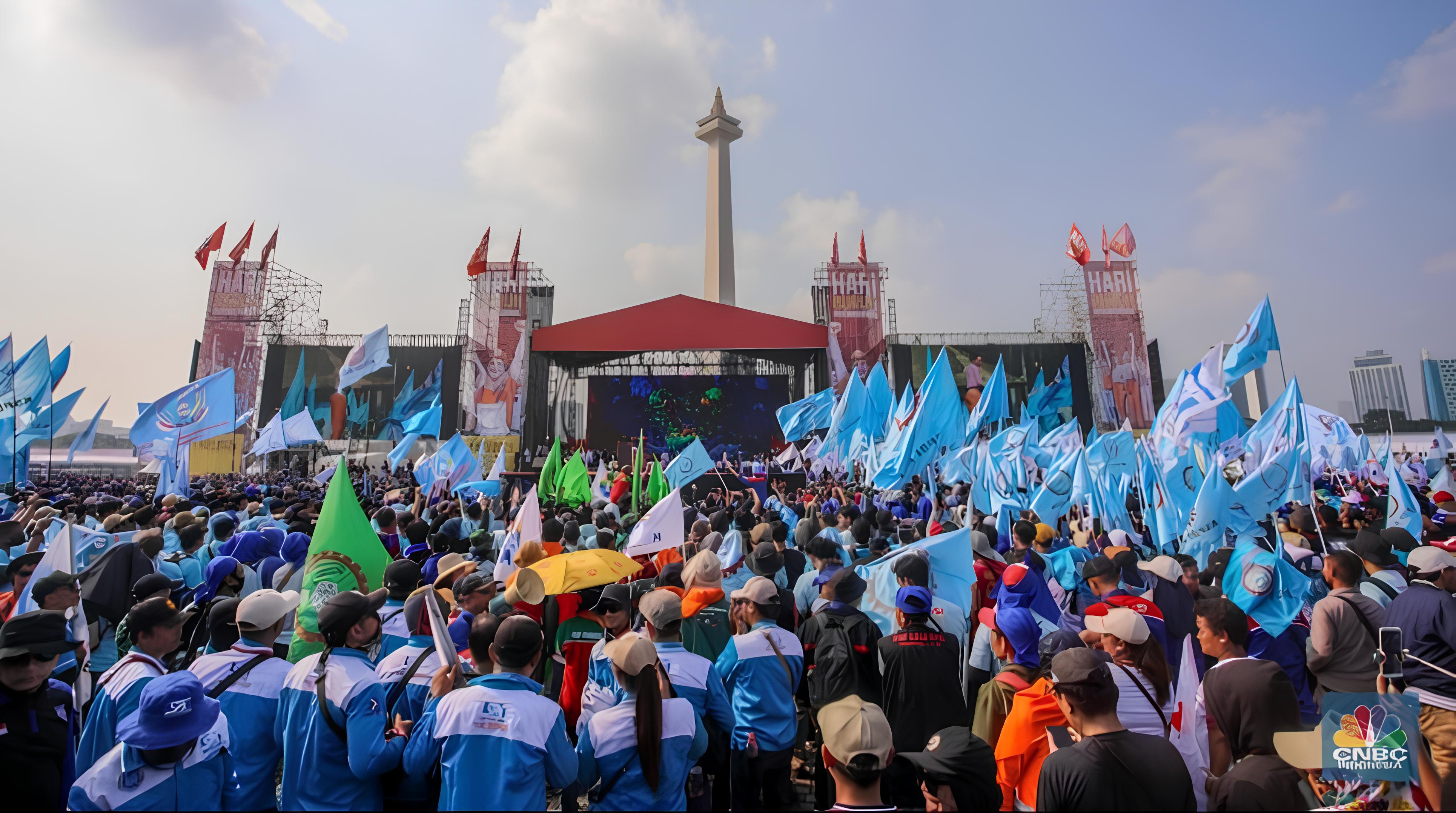 Prabowo Hadir di Monas, Janjikan Kesejahteraan Buruh dan Perlawanan Terhadap Korupsi